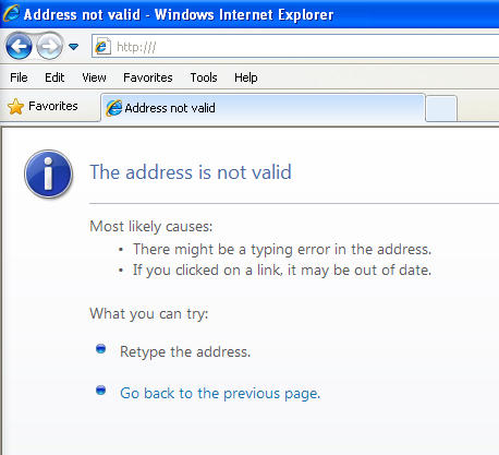 Address not valid - Windows Internet Explorer